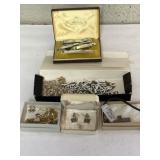 Various jewelry, pins, manicure kit, cross marked