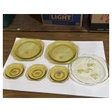 Depression glass plates, saucers, & cake stand