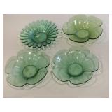 4 translucent green glass flower petal  bowls