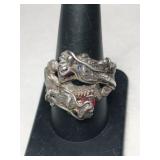 Silver heavy dragon redstone ring marked silver.