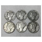 6 Mercury dimes mixed years