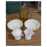 Fire king gold rimmed creamer, sugar, and bowls &