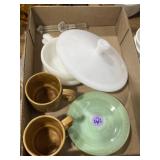 Milk glass dishes, jadeite saucer, glass stopper,