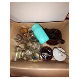 Box of Ball Mason jars, and crocks.