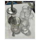 Hand mixer, etched vase, ribbed glass syrup