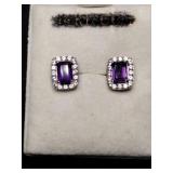 Silver purple rhinestone post earrings marked