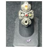 Silver multicolor Stone four-leaf clover ring