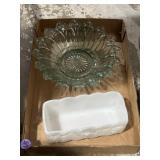 White milk glass dish and blue green petal bowl