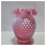 Fenton cranberry/opalescent hobnail vase aprox