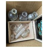 Apothecary glass jars/bottles in wooden cigar box