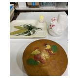 Ceramic glazed corn dish, rooster salt and pepper