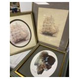 2 framed ship pictures and one framed picture of