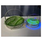 Green Depression glass divided relish dishes w/