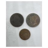 (2) large cents, 1 is draped bust & 2-cent piece