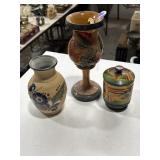 Signed folk art pottery vase, wooden goblet and