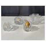 Art glass and ornate candle holders, marble egg
