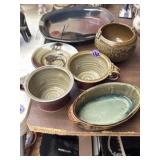 Signed stoneware bowls and platter