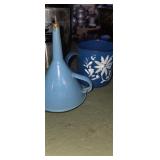 Painted enamel coffee cup and enamel funnel