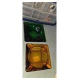 Amber and emerald green glass ash trays