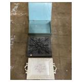 Wooden box, ceramic platter, and metal wall art