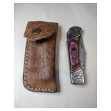 Purple /tan pocket knife w/ case 3' blade