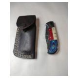 Red white and blue pocket knife w/ case 3' blade