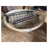 Wicker laundry basket and two metal baskets