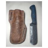Blue  handle rounded end Damascus steel knife w/