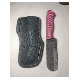 Pink handle rounded end Damascus steel knife w/