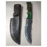 Green handle  Damascus steel hunting knife w/