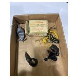 Flat of vintage fishing lures and hooks