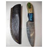 Blue/ green handle Damascus steel knife w/ sheath