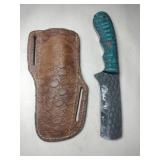 Blue handle rounded end Damascus steel knife w/