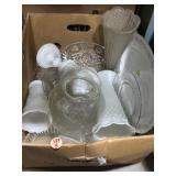 Milk glass and clear glass vases, platters, and