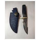 Brown handle Damascus steel knife w sheath  3'