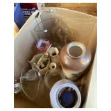 Box lot of decorative glassware and home decor