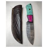 Teal / pink handle Damascus steel knife w/ sheath