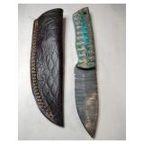 Blue / tan Damascus steel knife w /sheath 4 '
