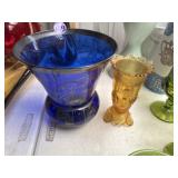 Cobalt blue and amber pressed glass vases