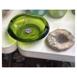Geode ashtray and green glass ashtray, green has