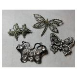 4 silvertone clear rhinestone butterfly brooches