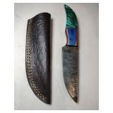 Green / blue handle Damascus steel knife w/