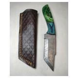 Green/ blue Damascus  Camp Tanto steel knife w/