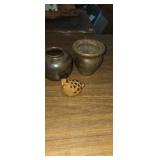 2 small hand made glazed clay pot with clay bird