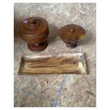 Wood serving tray and lidded bowls