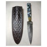 Mosaic handle Damascus   steel knife w/ sheath 4