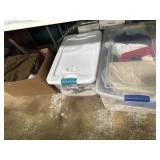 Totes and box of coats and mixed clothing