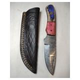 Red/ blue handle Damascus steel knife w) sheath