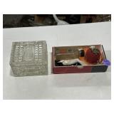 Glass covered trinket box, old pin cushions, doll