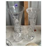Marked Crystal vases and oil / vinegar pourers